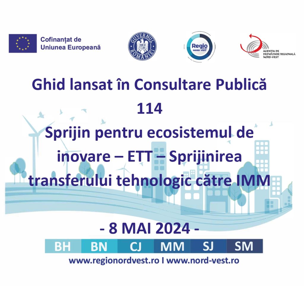 Ghidul Solicitantului 114 – Sprijin pentru ecosistemul de inovare – ETT – Sprijinirea transferului tehnologic către IMM a fost publicat astăzi, 8 mai 2024 în consultare publică